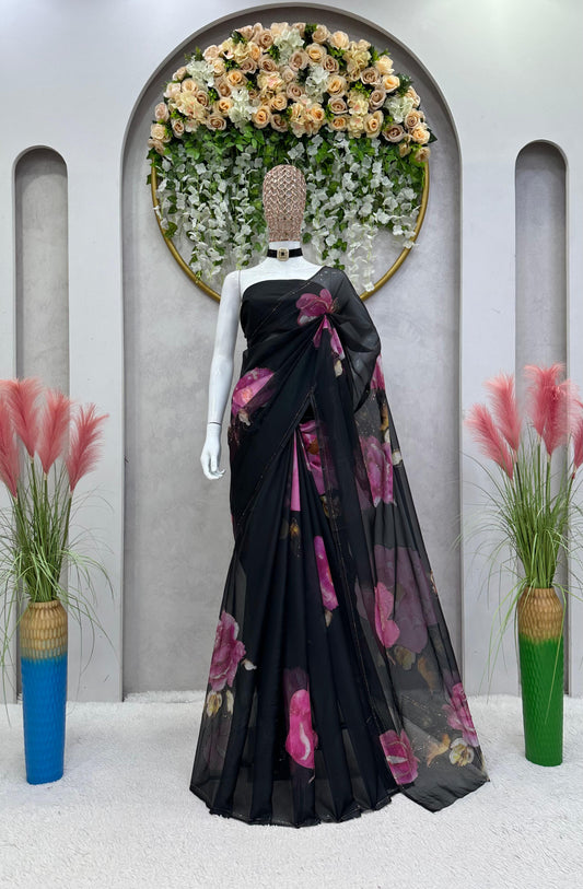 Embellished Digital Print Black Color Saree