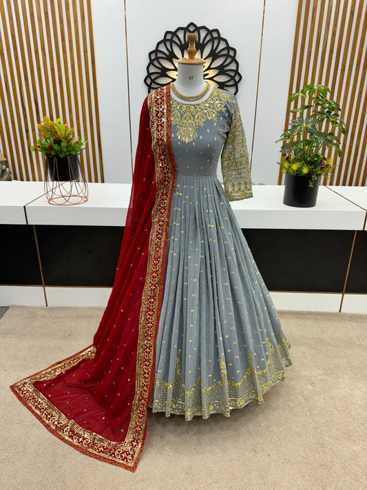 Glimmering Embroidery Sequence Work Grey Color Gown