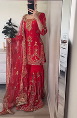 Marvelous Embroidery Work Red Color Sharara Suit