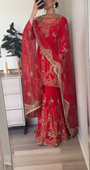 Marvelous Embroidery Work Red Color Sharara Suit