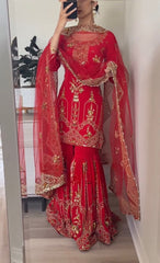 Marvelous Embroidery Work Red Color Sharara Suit