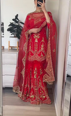 Marvelous Embroidery Work Red Color Sharara Suit