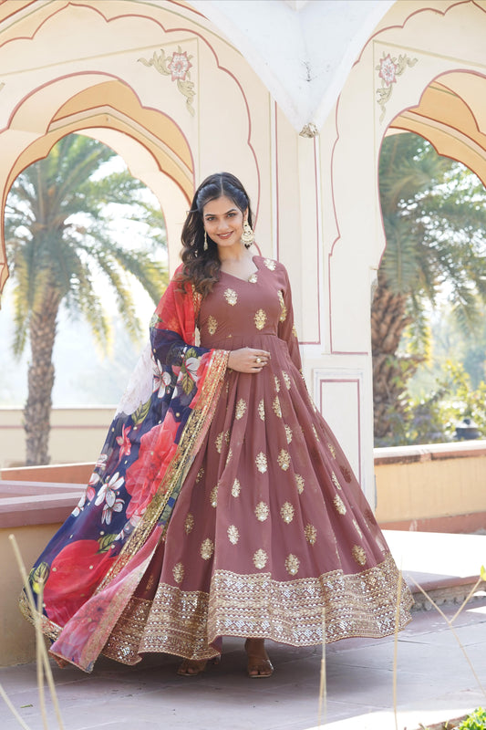 Brown Embroidery Zari Sequence Work Gown With Dupatta