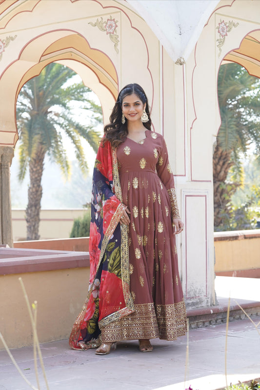 Brown Embroidery Zari Sequence Work Gown With Dupatta