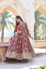 Brown Embroidery Zari Sequence Work Gown With Dupatta