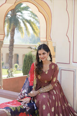 Brown Embroidery Zari Sequence Work Gown With Dupatta