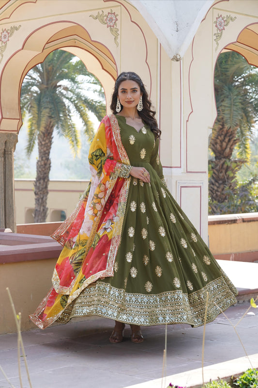 Mehndi Embroidery Zari Sequence Work Gown With Dupatta