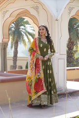 Mehndi Embroidery Zari Sequence Work Gown With Dupatta