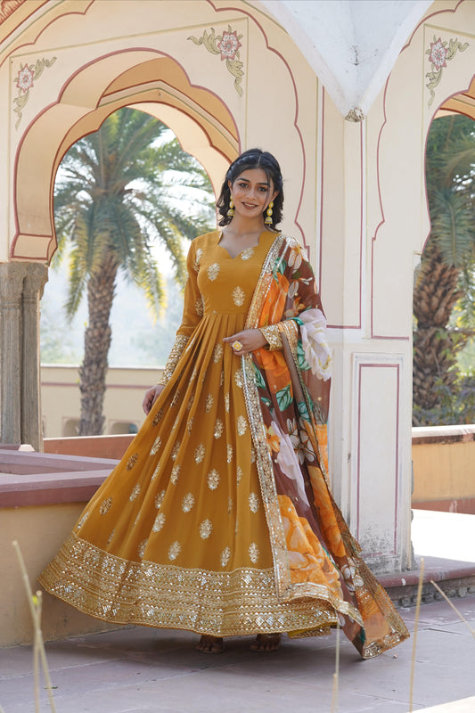 Mustard Embroidery Zari Sequence Work Gown With Dupatta