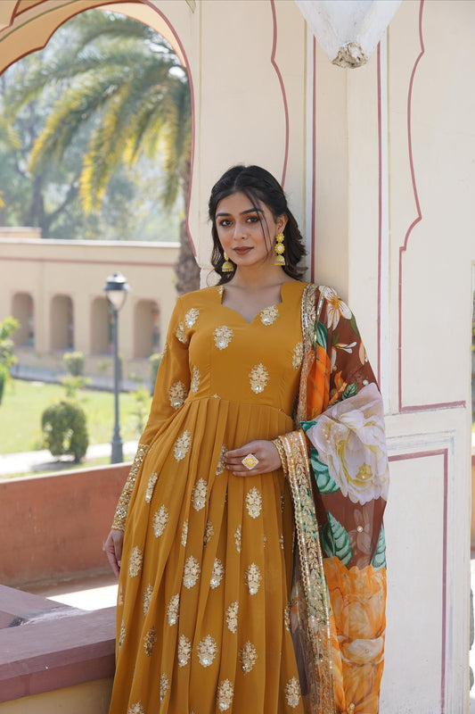 Mustard Embroidery Zari Sequence Work Gown With Dupatta