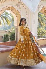 Mustard Embroidery Zari Sequence Work Gown With Dupatta