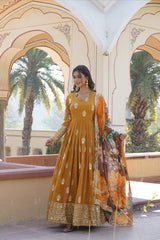 Mustard Embroidery Zari Sequence Work Gown With Dupatta