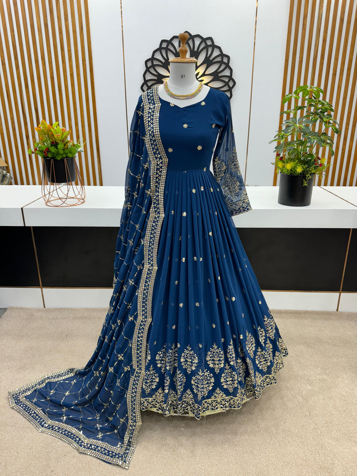 Beautiful Heavy Embroidery Sequence Navy Blue Color Gown