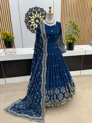 Beautiful Heavy Embroidery Sequence Navy Blue Color Gown