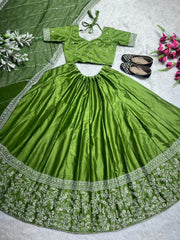 Good Looking Parrot Green Color With Work Lehenga Choli