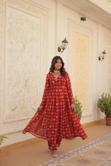 Festive Wear Red Color Foil Print Gown With Palazzo