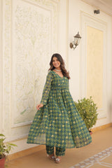 Festive Wear Teal Green Color Foil Print Gown With Palazzo