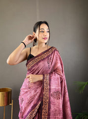 Mesmerizing Dusty Pink Color Soft Cotton Tussar Silk Saree