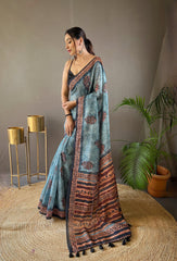 Mesmerizing Sky Blue Color Soft Cotton Tussar Silk Saree