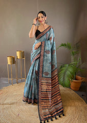 Mesmerizing Sky Blue Color Soft Cotton Tussar Silk Saree