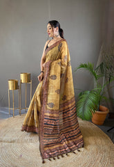 Mesmerizing Yellow Color Soft Cotton Tussar Silk Saree