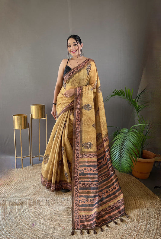 Mesmerizing Yellow Color Soft Cotton Tussar Silk Saree