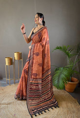 Mesmerizing Orange Color Soft Cotton Tussar Silk Saree