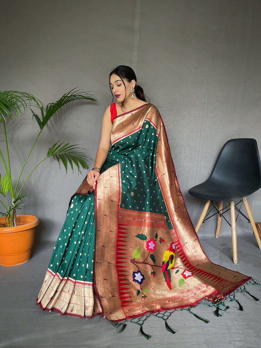 Wedding Wear Dark Green Color Pure Paithani Silk Saree