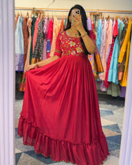 Luxuriant Thread Work Red Color Ruffle Gown