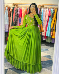 Luxuriant Thread Work Parrot Green Color Ruffle Gown