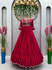 Luxuriant Thread Work Red Color Ruffle Gown