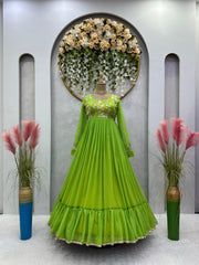 Luxuriant Thread Work Parrot Green Color Ruffle Gown