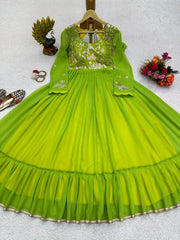 Luxuriant Thread Work Parrot Green Color Ruffle Gown