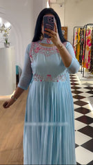 Fantastic Sky Blue Color Embroidered Gown