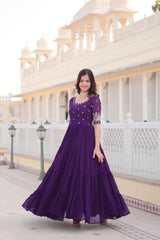 Wonderful Purple Color Zari Thread Sequence Work Gown