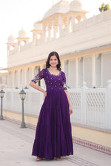 Wonderful Purple Color Zari Thread Sequence Work Gown