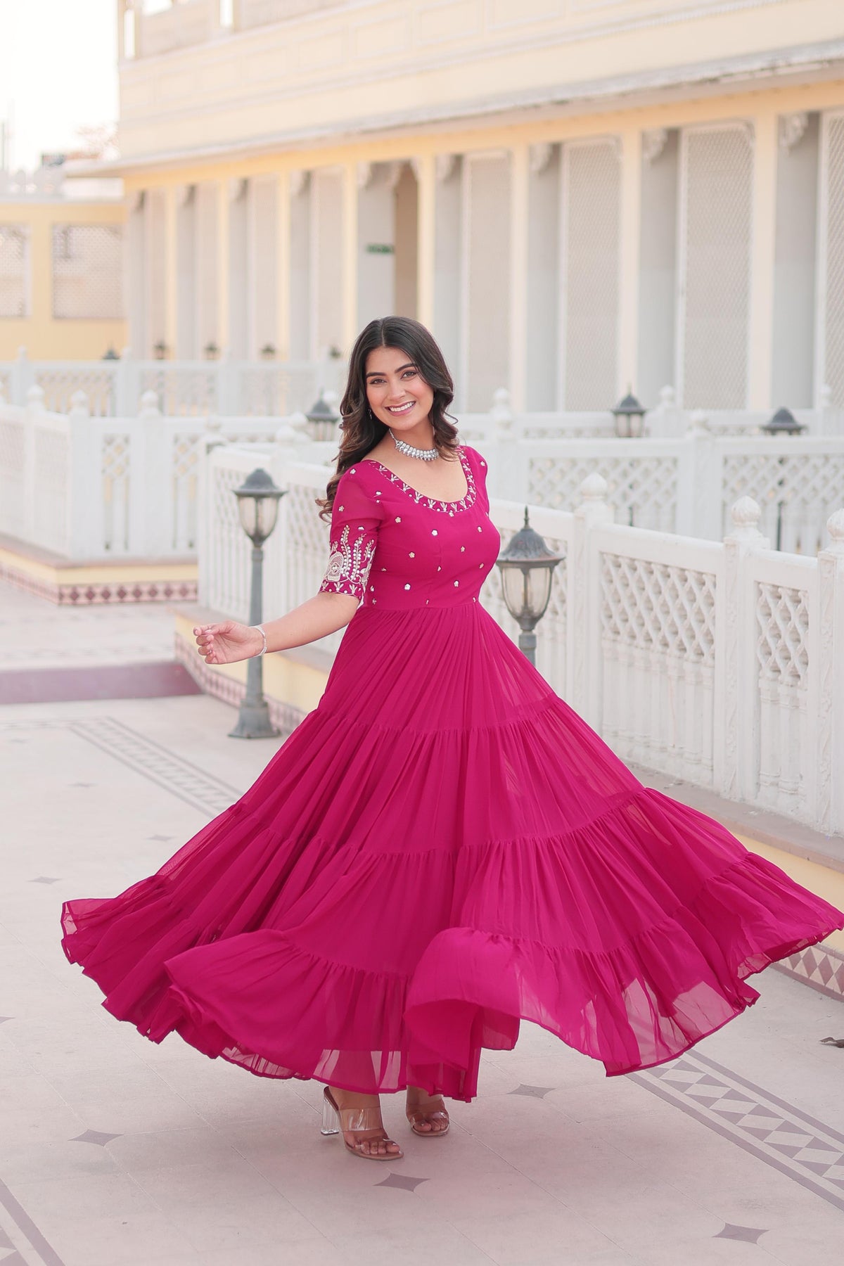 Wonderful Pink Color Zari Thread Sequence Work Gown