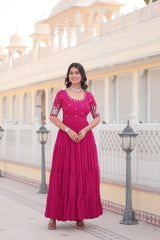 Wonderful Pink Color Zari Thread Sequence Work Gown