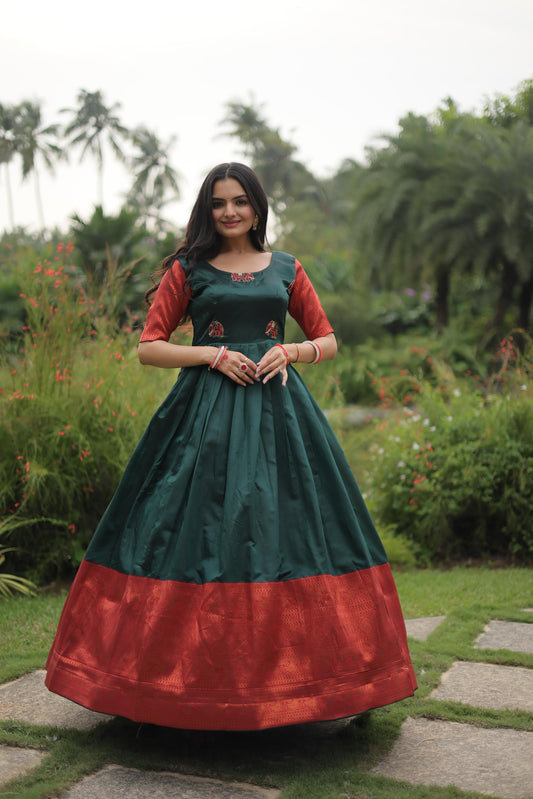 Festive Wear Green Color Jacquard Silk Gown