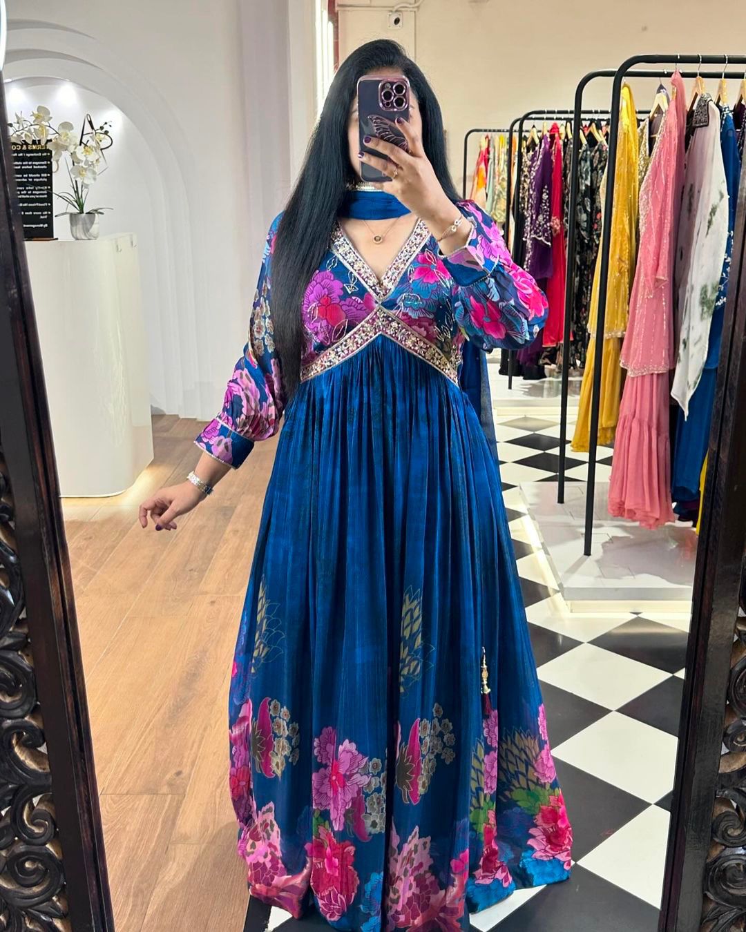 Terrific Digital Print Blue Color Gown