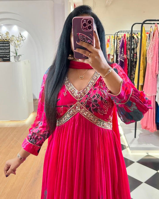 Terrific Digital Print Pink Color Gown