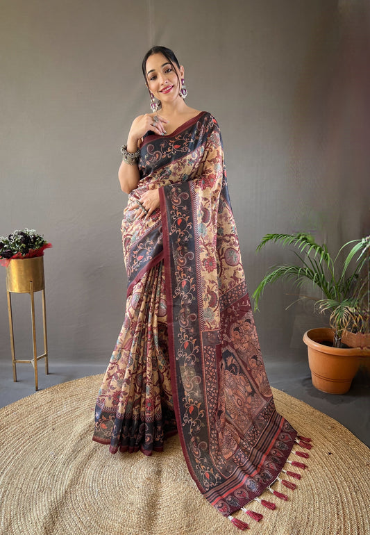 Unique Italian Digital Print Cotton Beige Color Saree