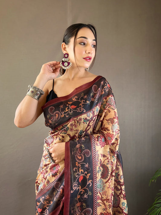 Unique Italian Digital Print Cotton Beige Color Saree