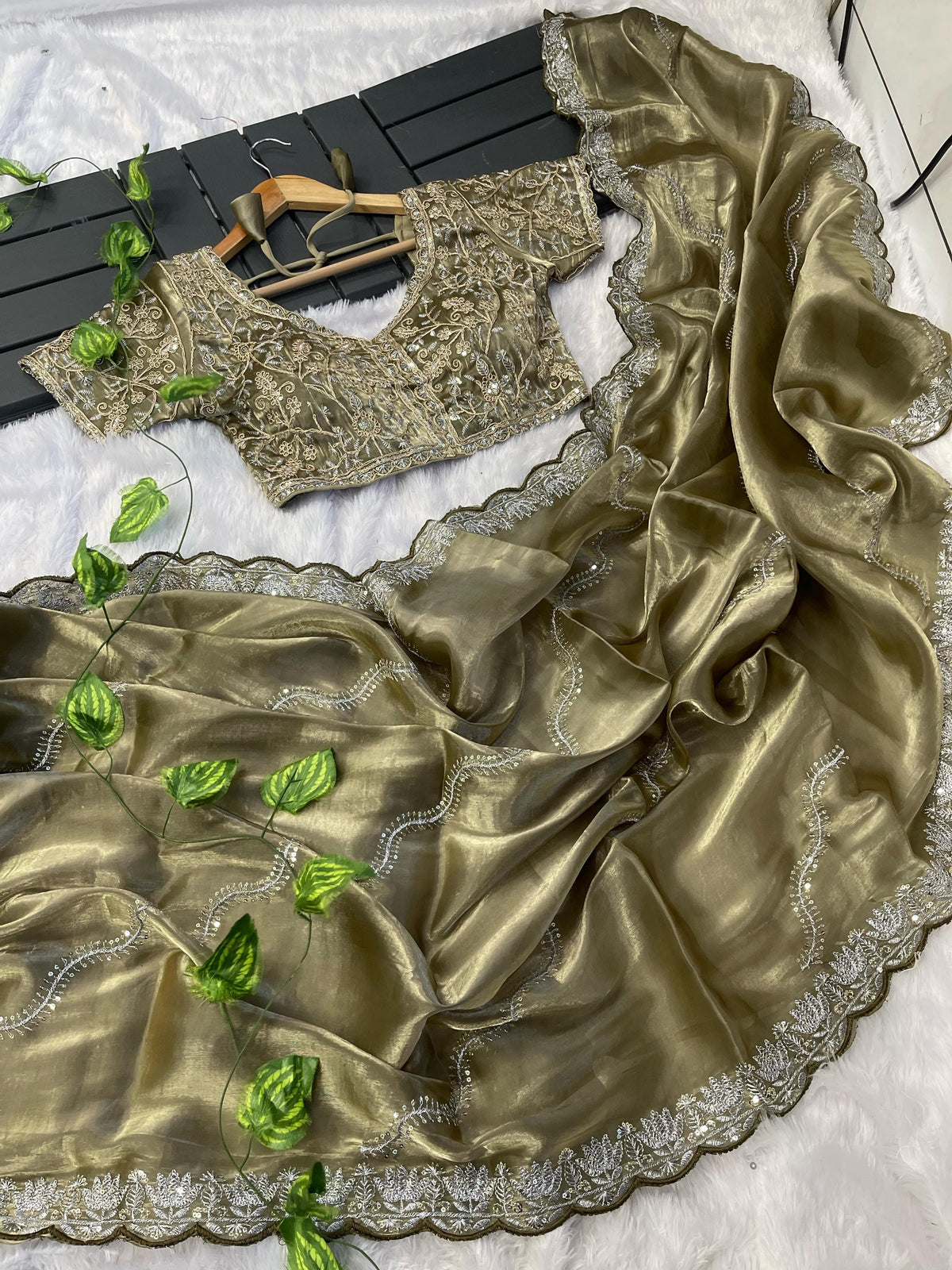 Precious Embroidery Sequence Work Green Color Saree