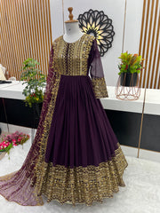 Embellished Embroidery Sequence Work Wine Color Gown