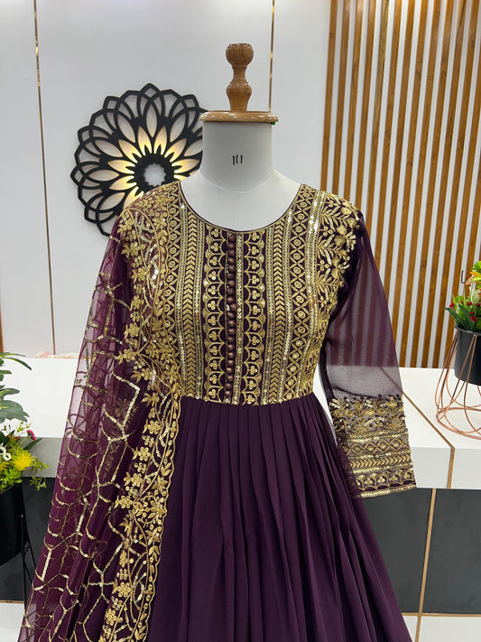 Embellished Embroidery Sequence Work Wine Color Gown