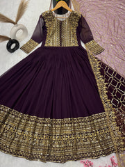 Embellished Embroidery Sequence Work Wine Color Gown