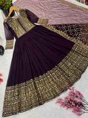 Embellished Embroidery Sequence Work Wine Color Gown