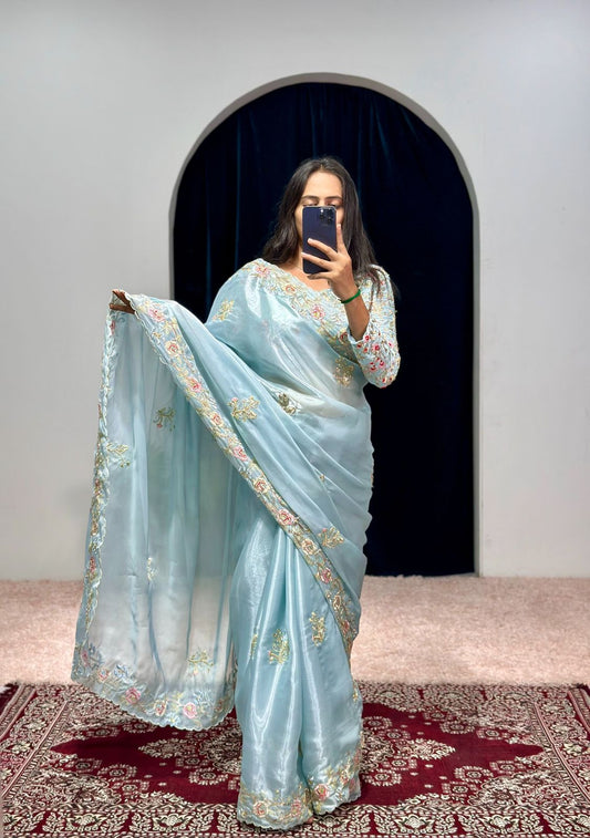 Marvelous Thread Work Sky Blue Color Saree