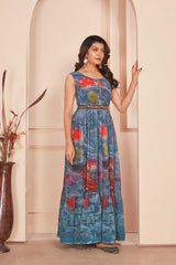 Gray Color Digital Printed Gown With Waist Belt